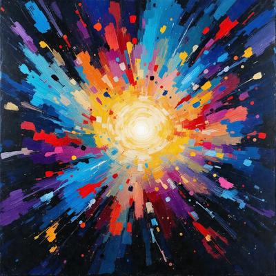 The primary subject of the image is a vibrant and colorful artwork, featuring a sun-like center with a bright yellow background. The setting is a black background, which contrasts with the artwork, emphasizing the colors and details. The visual style is a combination of digital art and illustration, creating a dynamic and engaging scene. The colors and mood of the image are predominantly bright and cheerful, with the yellow sun and the overall composition contributing to a lively and uplifting atmosphere.